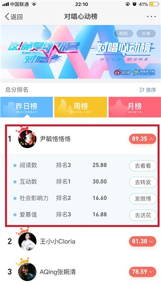 尹毓恪对唱榜排名第一