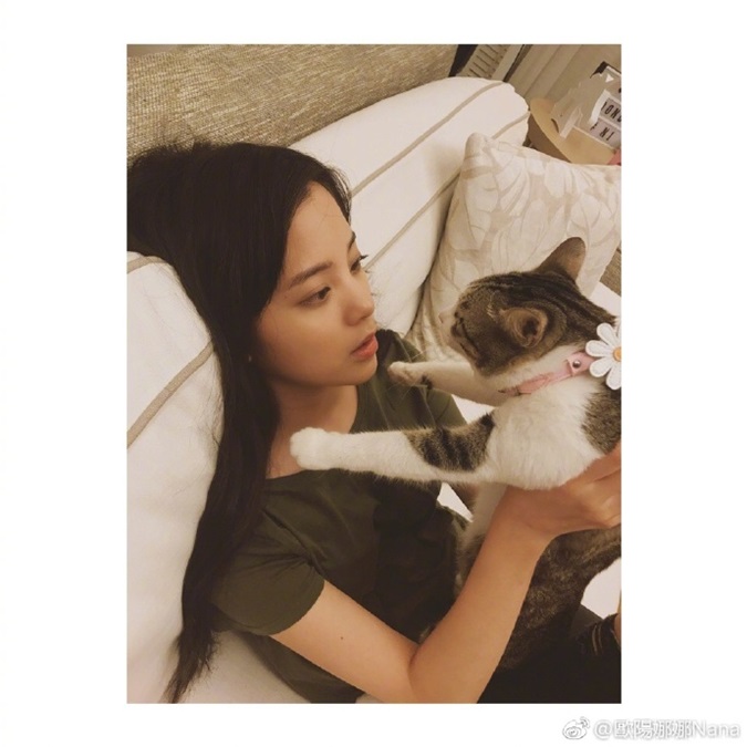 欧阳娜娜大战过敏 全副武装陪猫玩